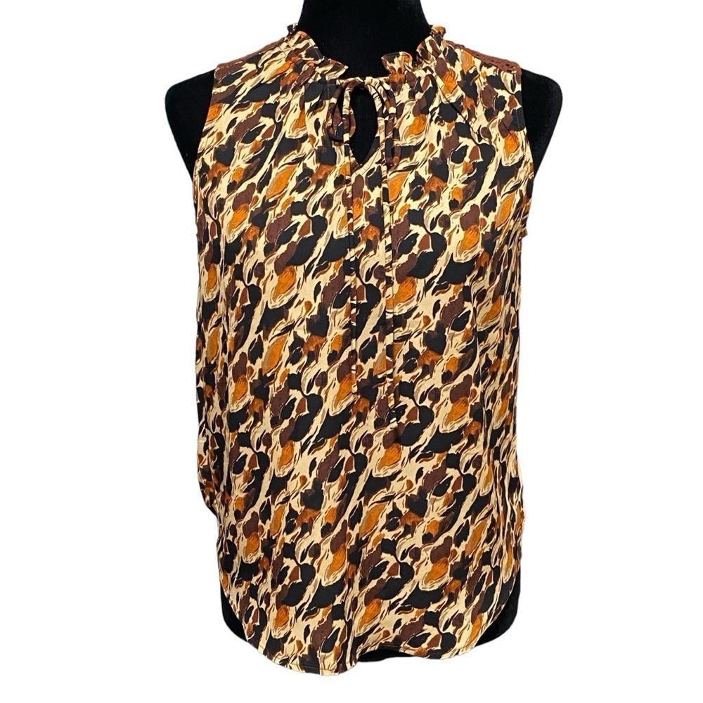 Bobeau Animal Print Keyhole Blouse Sleeveless Boho Lace Detail Top XS - Picture 2 of 9